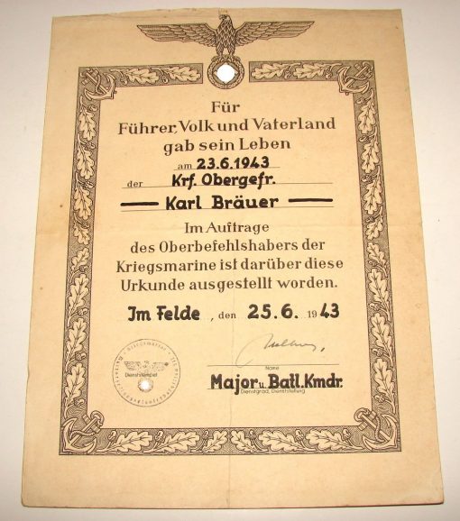 Death certificate of a German sailor