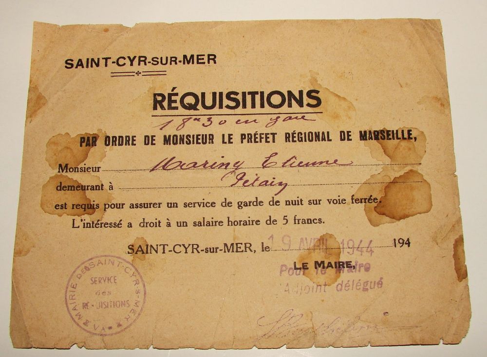 Prefectural requisition form to guard the railway tracks